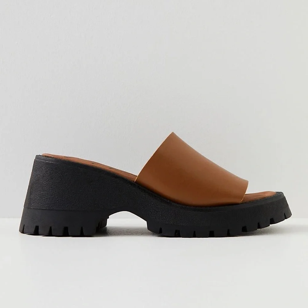 Free People Winona Wedge Sandal Brown Leather Slide Size 37/6.5 - Picture 2 of 9